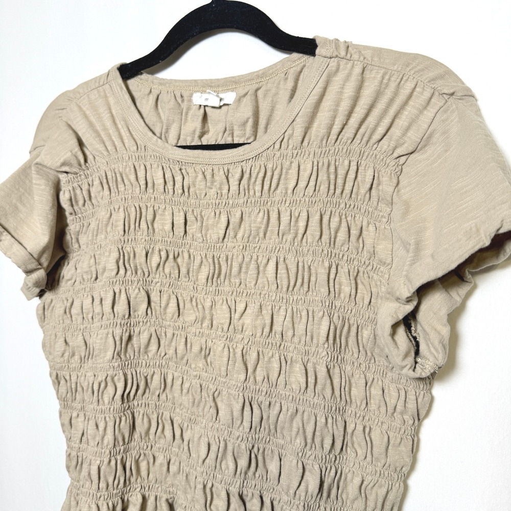 Maurices Womens XL Tan Smocked Peplum Top Short Sleeve Cotton Blouse Khaki